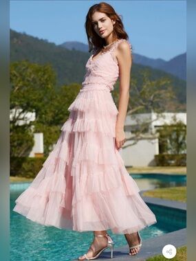 Rosedress Pink Tiered Ruffle Asymmetrical Prom HOCO Maxi Dress M NWT